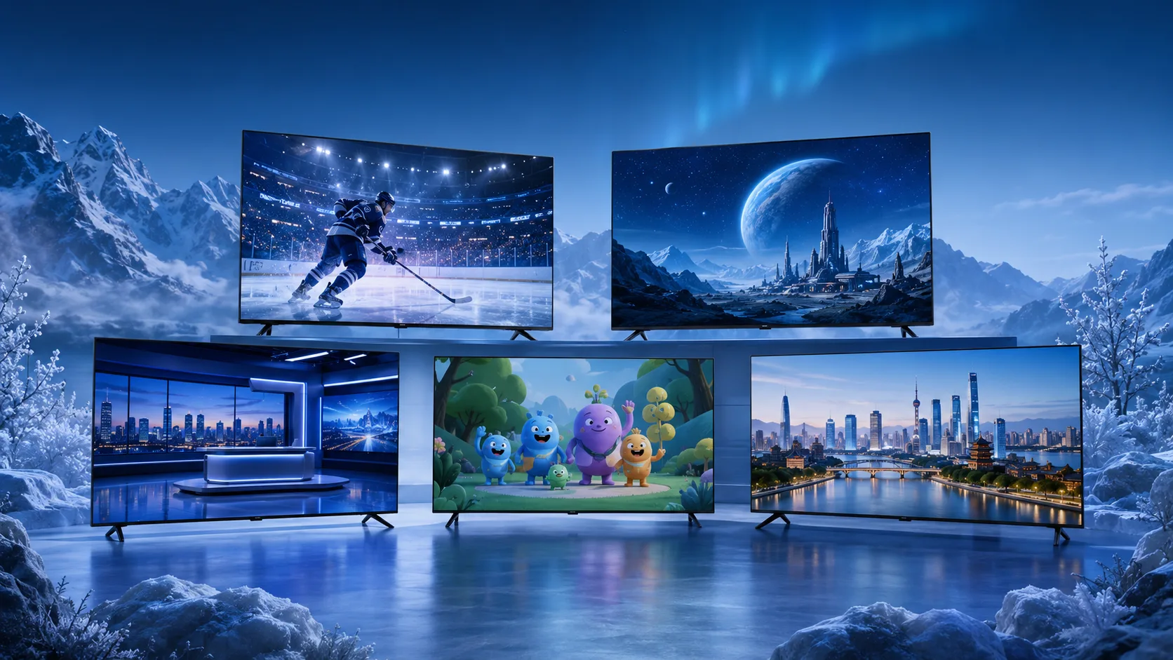 A collection of screens representing sports, films, news, family entertainment, and international programming