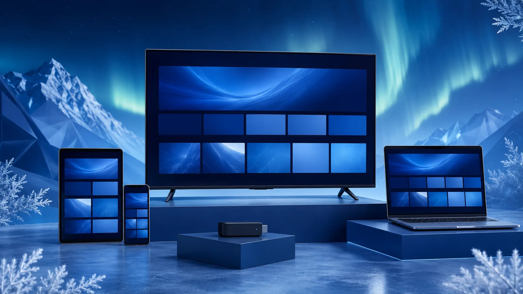 Television, laptop, tablet and phone displayed together in an icy blue studio