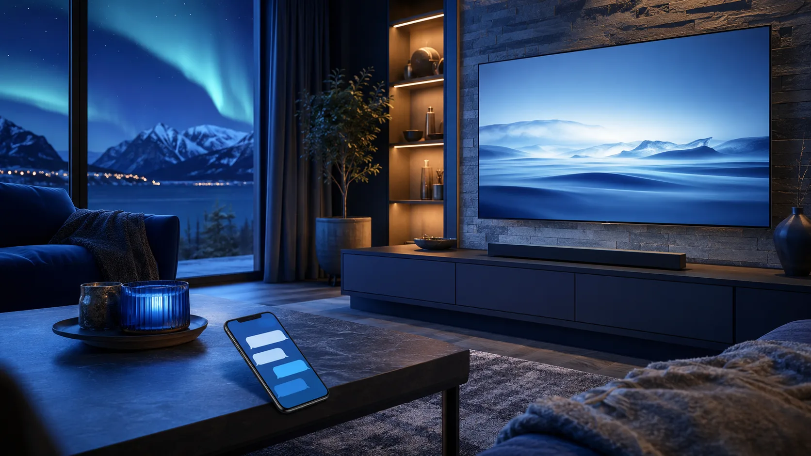 A calm northern living room with a television and a phone ready for a direct support conversation