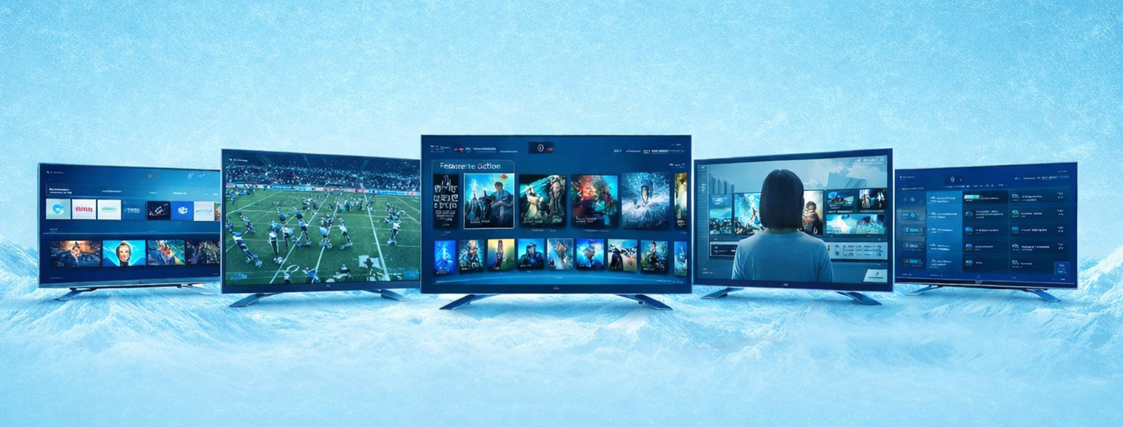 Televisions displaying a range of entertainment in an icy northern landscape
